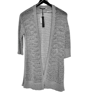 T Tahari Open front Silver & White Pointelle cardigan